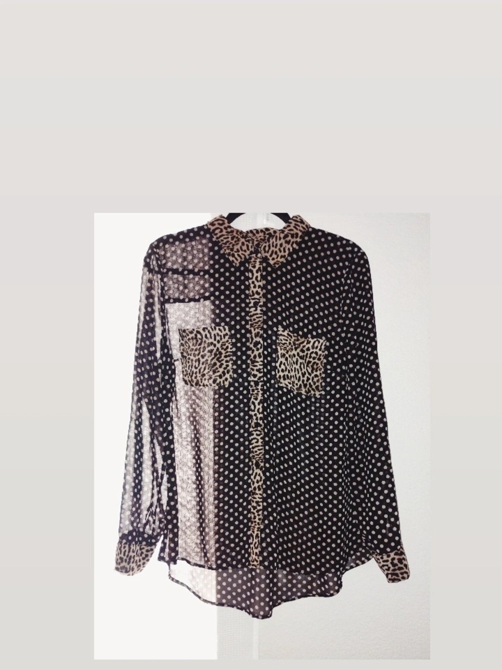 INC International Concepts Black Sheer Polka Dot Blouse with Leopard Trim